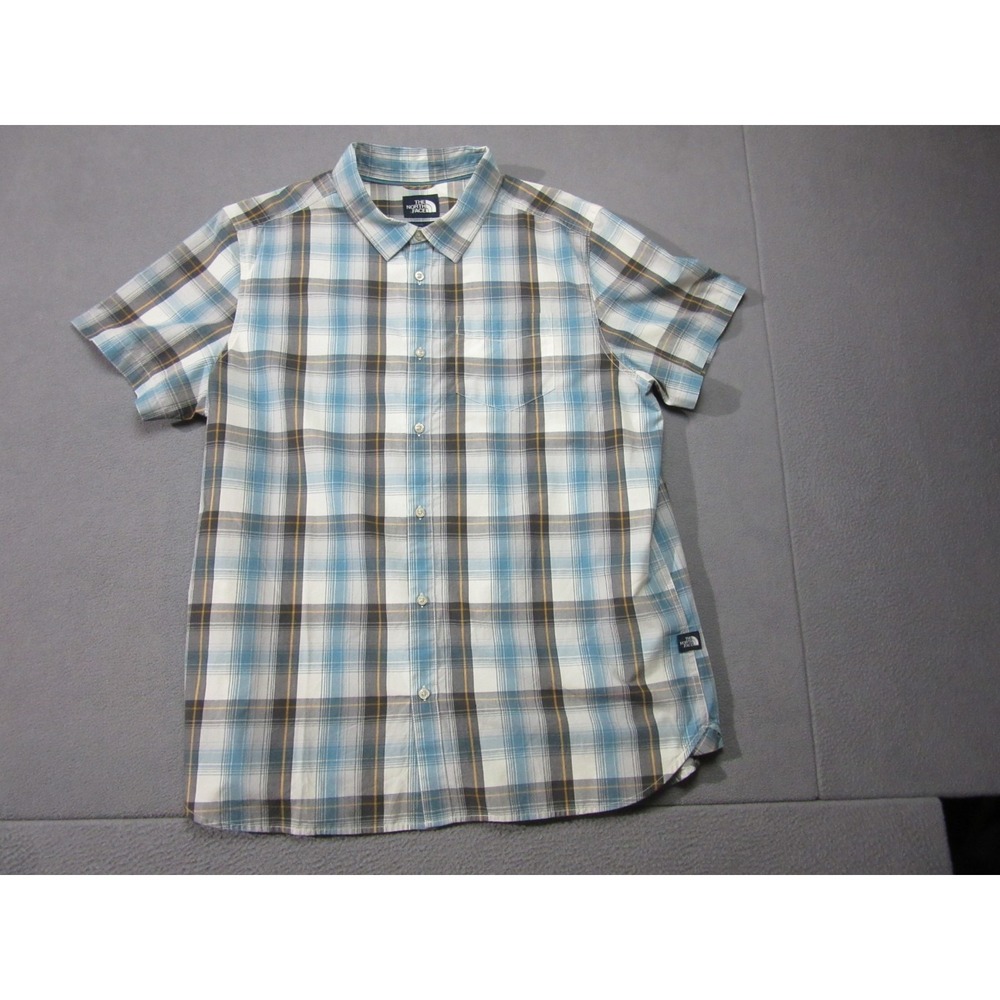 The North Face Shirt Men 2XL Blue Gray Tartan Plaid Short Sleeve Logo Button Up